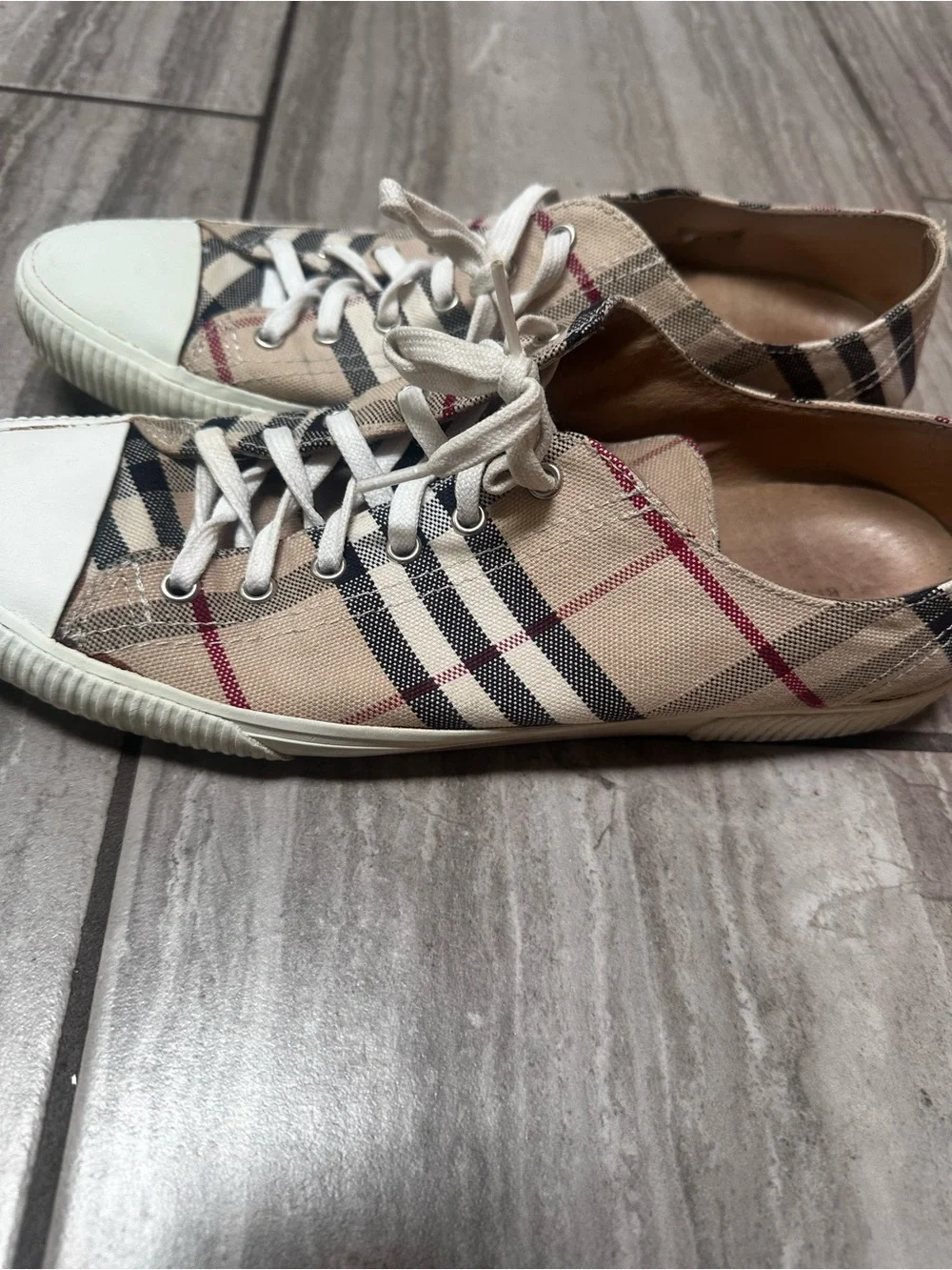 Burberry Beige Plaid Low-Top Sneakers with White Accents
